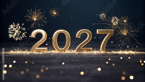 Golden 2027 numbers with sparkling fireworks on a dark background for New Year