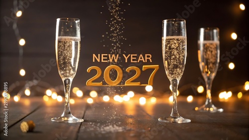 Three champagne flutes with sparkling wine for a New Year 2027 celebration