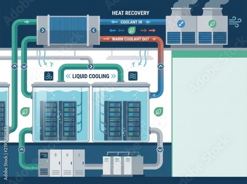 low carbon data center cooling Illustration of a liquid cooling system with heat recovery for servers.