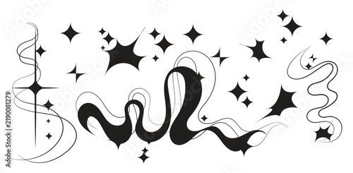 Retro Y2K Sparkle Stars And Curved Wave Aesthetic Vector Clipart Elements Set