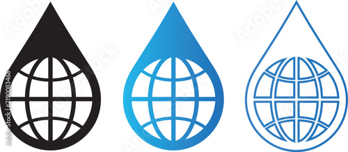 Global water conservation droplet and earth set vector