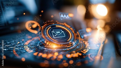 Futuristic Digital Email Icon Interface with Glowing Orange and Blue Abstract Technology Background