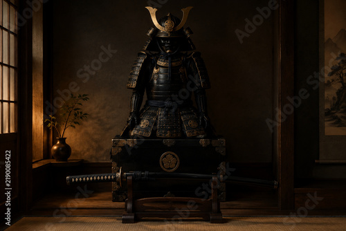 Bushido still life with samurai armor and katana in dark alcove