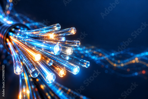 Glowing fiber optic cable bundle transmitting high speed light data signal