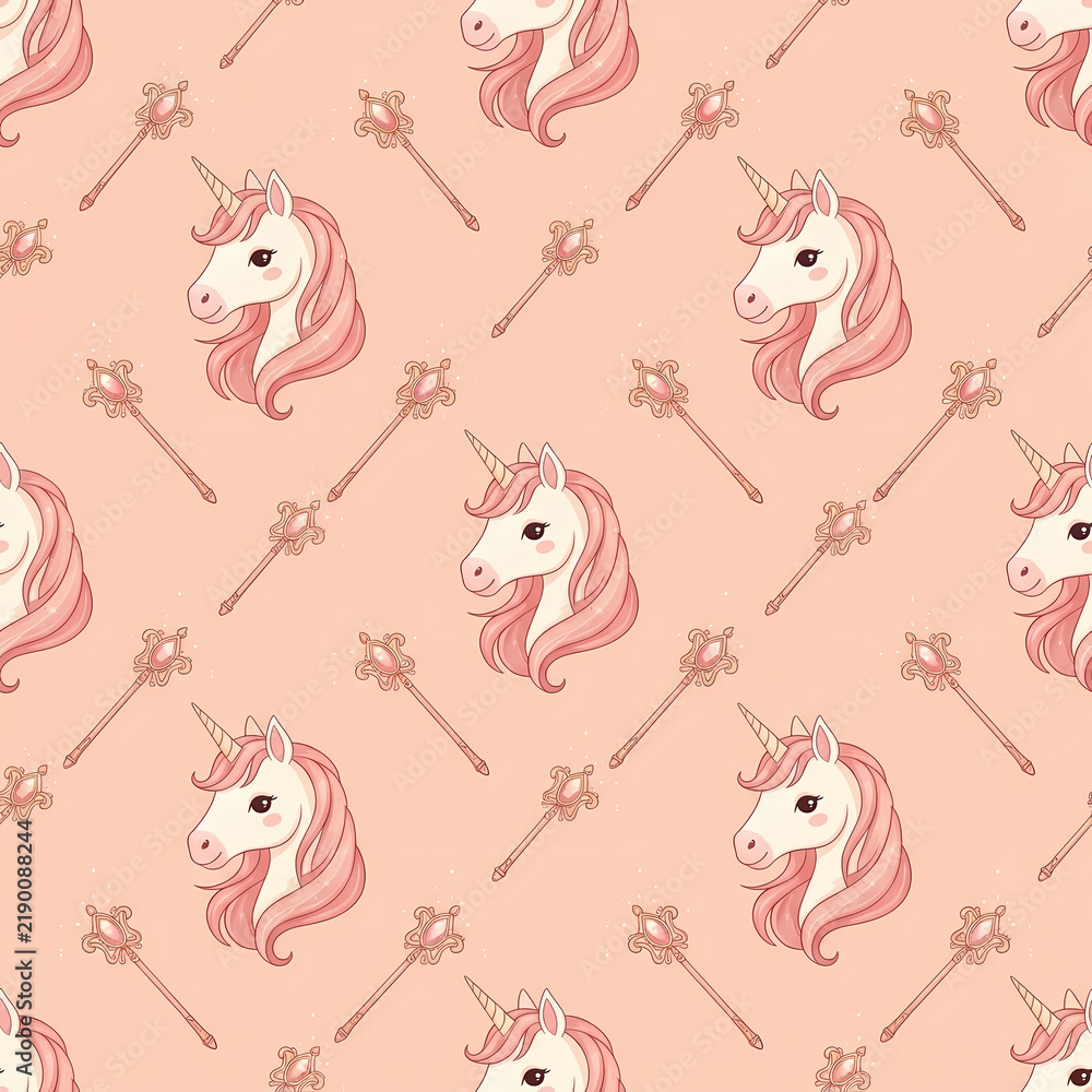Fototapeta premium Charming unicorn portraits magic wands and sparkles on soft pastel peach seamless pattern background