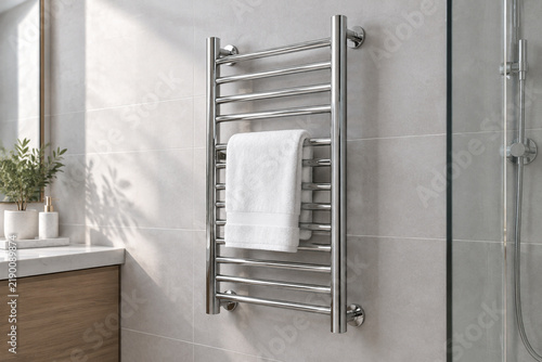 Chrome towel warmer with rolled white towel in modern bathroom