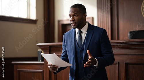 A confident black male lawyer in a professional blue suit stands in a traditional wood paneled courtroom holding legal documents while presenting a persuasive closing argument to the jury