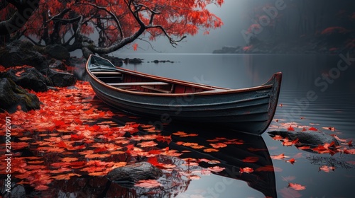 A serene wooden boat floats on a lake surrounded by vibrant red autumn leaves
