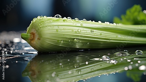 A close-up of a fresh celery stalk with water droplets on a reflective surface