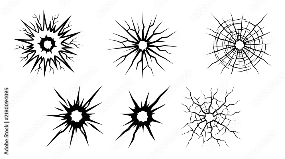Obraz premium Set of black bullet hole silhouettes with shattered glass cracks on white background, perfect for crime scene graphics, action movie posters and insurance claim illustrations
