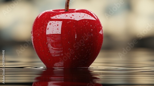 A shiny red apple with water droplets on its surface
