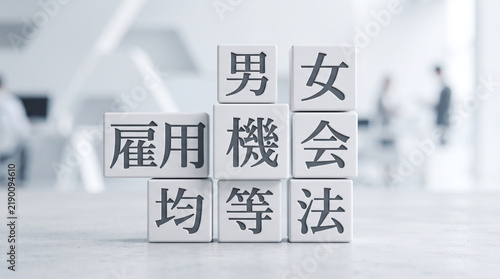 Plakat 「男女雇用機会均等法」の文字を配置した積み木とオフィス背景