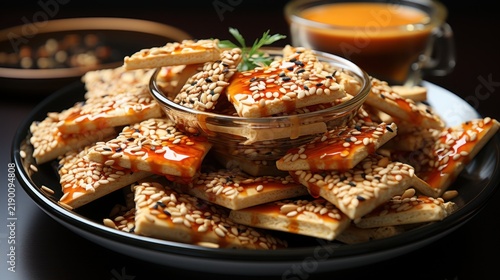 A plate of delicious sesame seed crackers with a sweet and spicy sauce