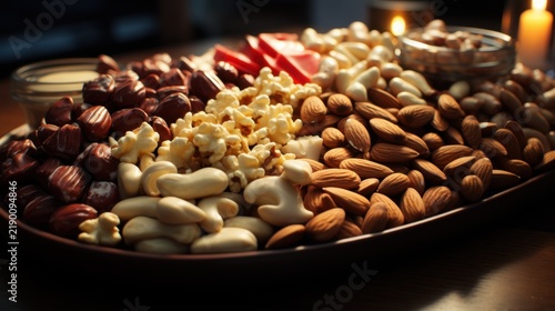 A delicious assortment of nuts and snacks on a platter