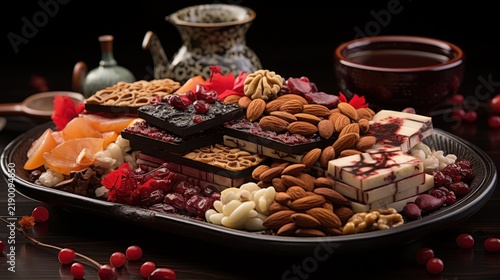 A beautifully arranged platter of assorted nuts and chocolates on a dark wooden table
