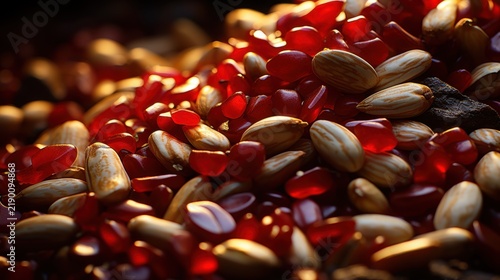 A close-up view of pomegranate seeds and wheat grains