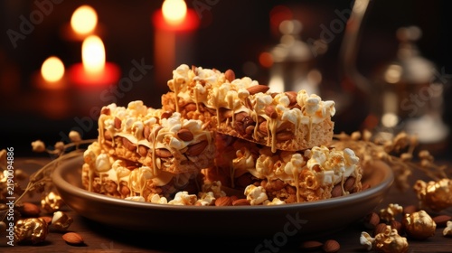 A plate of caramel popcorn bars on a cozy table with candles