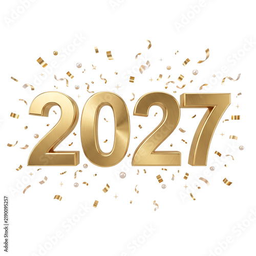 2027 Golden Celebration Number with Confetti and Sparkles
