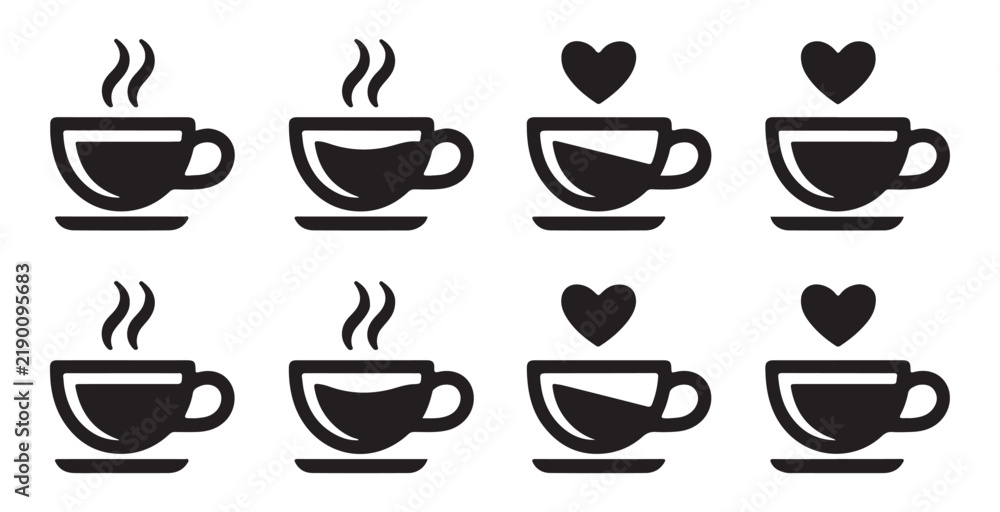 Fototapeta premium Set of minimalist coffee mug icons with rising steam and romantic hearts for creative cafe branding.