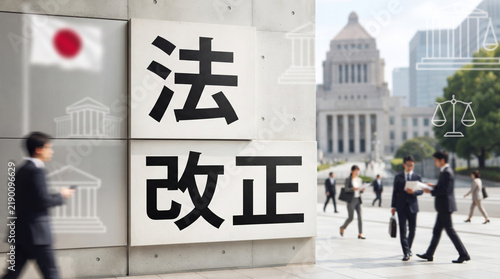 Plakat 「法改正」の文字を掲げた国会議事堂とビジネスパーソンの概念画像
