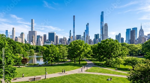 Lush green park with walking paths and a distant modern city skyline under a clear blue sky