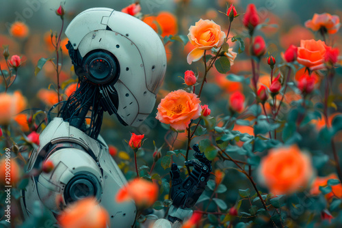 Robot interacting with blooming roses futuristic technology meets nature harmony surreal garden flowers beauty artificial intelligence creativity contrast