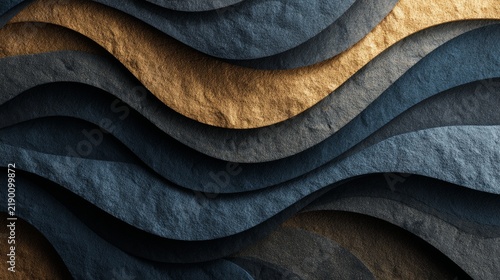 Wavy patterns made from textured materials in shades of blue and gold