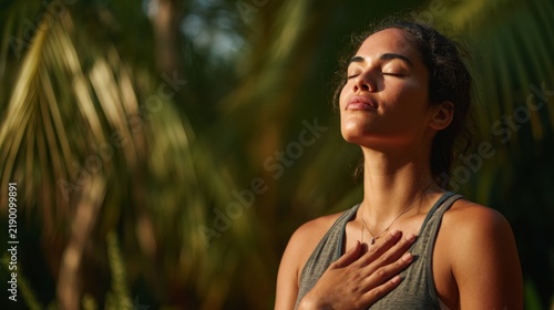Person enjoying a moment of stillness in a natural setting with greenery in the background during daylight hours