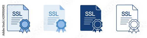 SSL Security Certificate Icons Set with Web Encryption Document Badge Seal Ribbon Blue Line and Solid Symbol Isolated on White Background