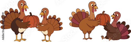 Cute cartoon turkey characters holding pumpkins for thanksgiving celebration isolated on a white background for seasonal holiday design