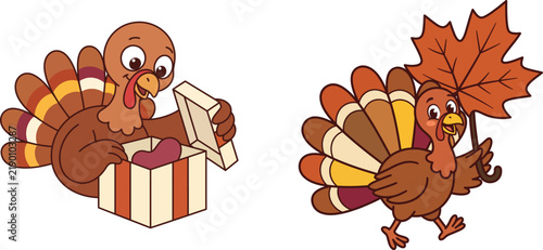 Cute cartoon turkeys celebrating thanksgiving with a gift box and a colorful autumn maple leaf on white background