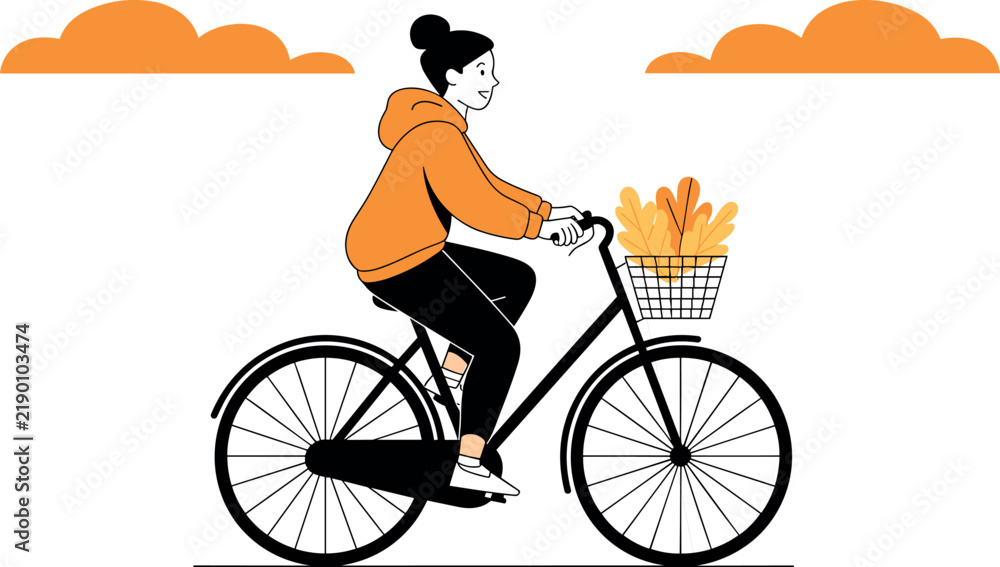Fototapeta premium Woman riding bicycle with autumn leaves in basket illustration line art vector