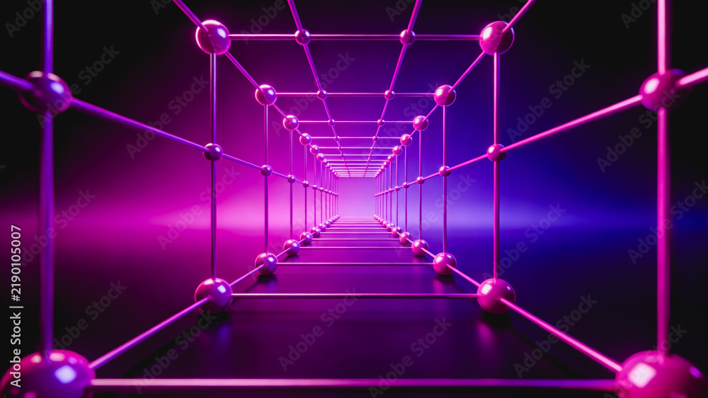 Fototapeta premium 3D Rendered Neon Pink Grid Tunnel Perspective View