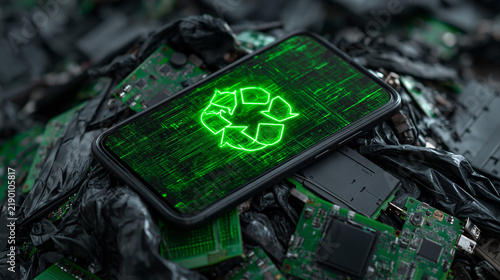 Smartphone displaying a glowing green recycling symbol on a background of electronic waste. Concept for sustainable technology and circular economy initiatives.