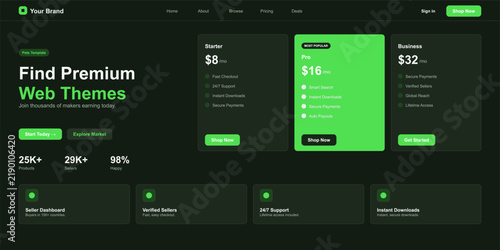 Modern web theme pricing dashboard mockup with green interface Vector