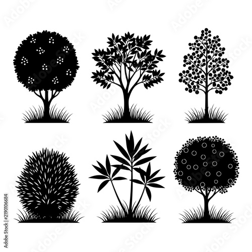 Collection of various tree and shrub silhouettes with grass patches design elements black and white set of trees landscape design plants icon silhouette