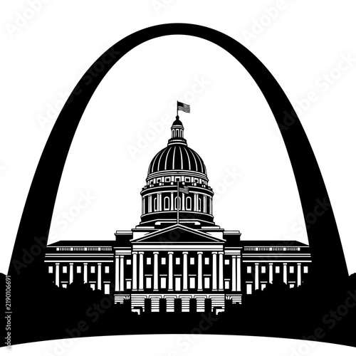 Black silhouette of a capitol building framed by a large arch with government building domed building legislative building american architecture city landmark