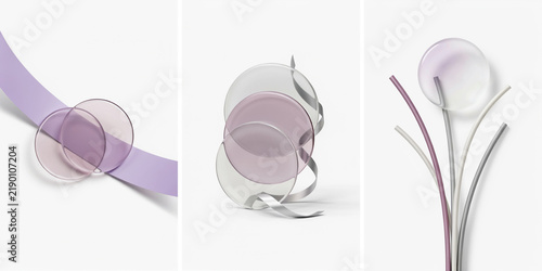 Abstract composition of translucent purple discs and silver ribbons on white background