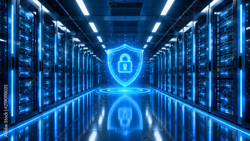A glowing blue padlock shield symbol hovers inside a modern server room corridor. Bright neon lights illuminate data storage racks for cyber safety. Vector cybersecurity concept design.