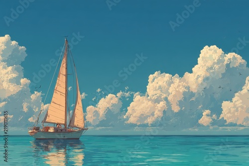 Sailboat with white sails gliding across calm blue waters under a clear sky filled with fluffy white clouds and distant birds flying in the background