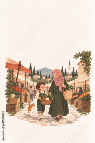 Mother and Child Shopping at a Rustic Village Market