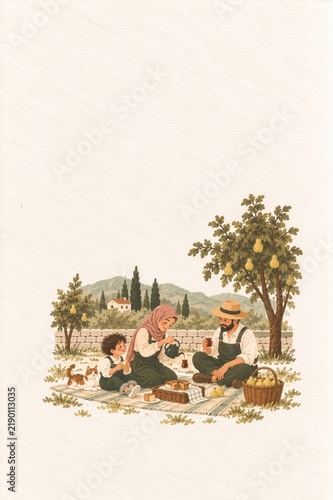 Family Picnic with Tea Under a Pear Tree in the Countryside