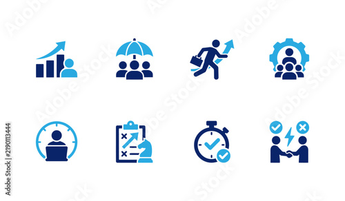 Set of business and management icons representing growth, strategy, teamwork, leadership, and productivity