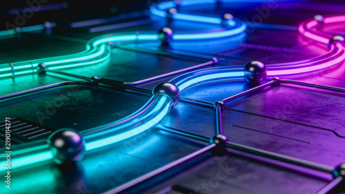 Neon Circuit Pathways On Dark Metallic Surface