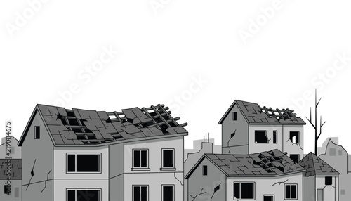 Destroyed houses with cracked walls and ruined roofs depict a bleak scene of natural disaster, war, or earthquake damage.