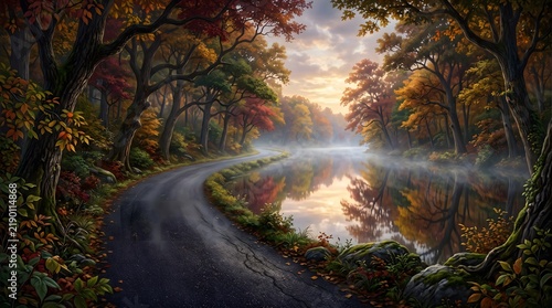 A winding autumn road follows a perfectly reflective forest lake, where colorful trees and glowing light create an almost dreamlike mirror image.
