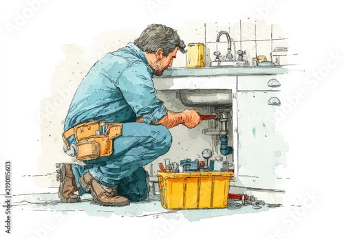 Male plumber in blue shirt kneeling under kitchen sink, using wrench to fix plumbing, toolbox and tools visible on the floor in a domestic setting