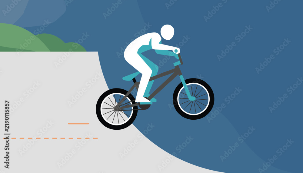 Obraz premium Energetic vector illustration of a bmx rider performing a jump trick off a ramp against a dark blue background.
