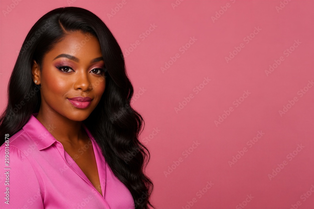 Fototapeta premium Woman posing against solid pink studio backdrop