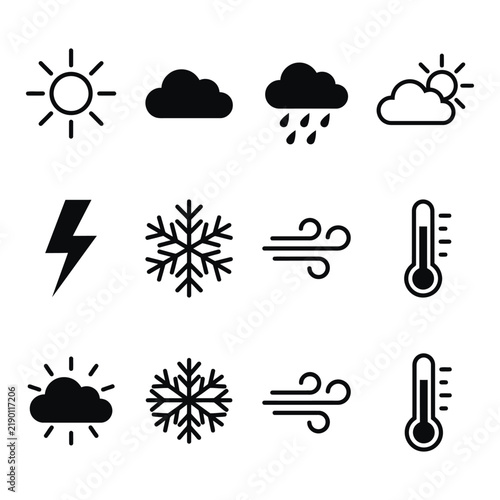 Weather Forecast and Climate Vector Icon Set – Black and White Symbols for Sun, Cloud, Rain, Snowflake, Wind, Lightning, and Thermometer
